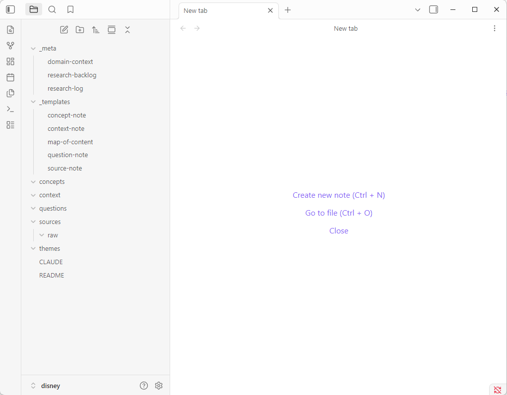 Empty vault in Obsidian with folder structure