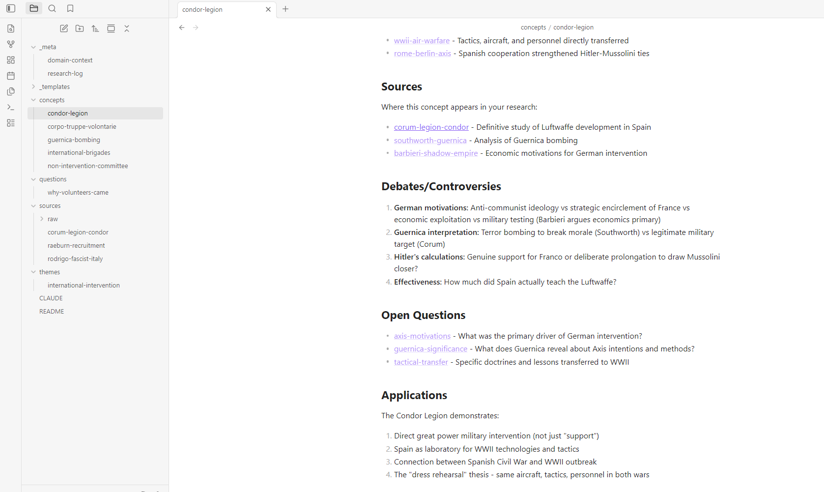 The Spanish Civil War vault in Obsidian - folder structure on the left, a concept note on the right showing sources, debates, and open questions